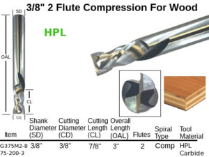 Simplified Tool G375M2-875-200-3 - 3/8" Compression HPL Spiral 2 Flute X 7/8″ CL Solid Carbide Router Bit