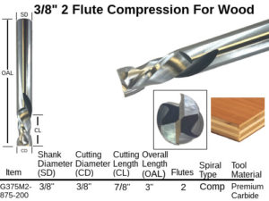 Simplified Tool G375M2-875-200 - 3/8" Compression Standard Spiral 2 Flute X 7/8″ CL Solid Carbide Router Bit