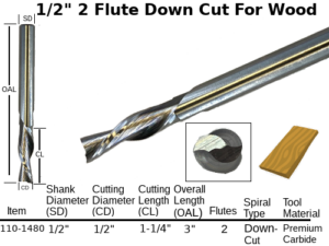 Simplified Tool 110-1480 1/2" Down-Cut Standard Spiral 2 Flute X 1-1/4″ CL Solid Carbide Router Bit